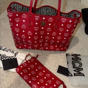 MCM Vibrant Red Tote with Logo Pattern